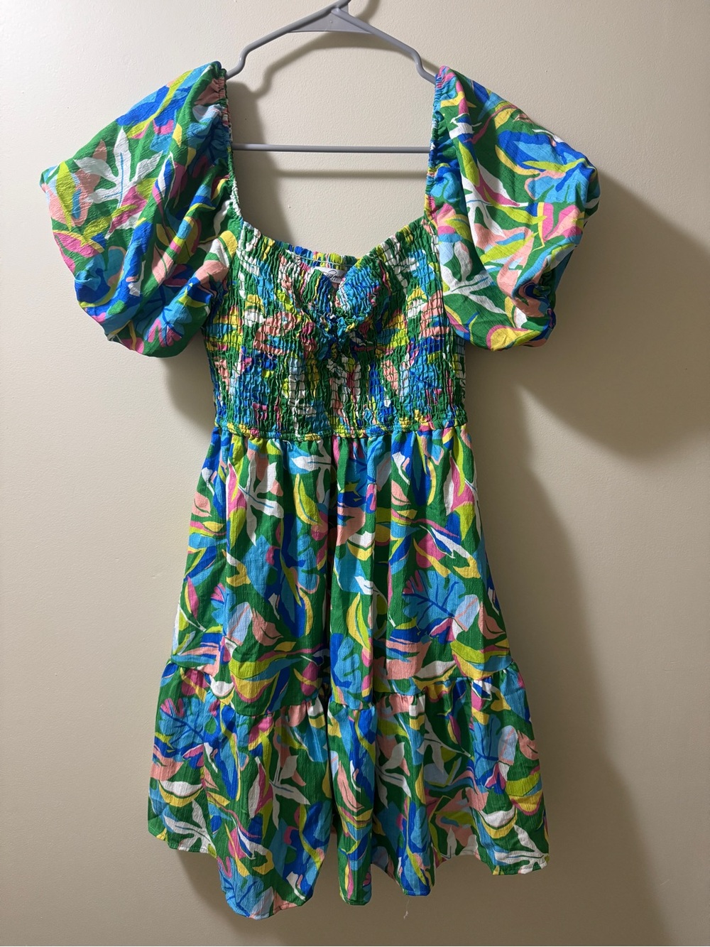 Vibrant Tropical Puff-Sleeve Mini Dress - Green Multi